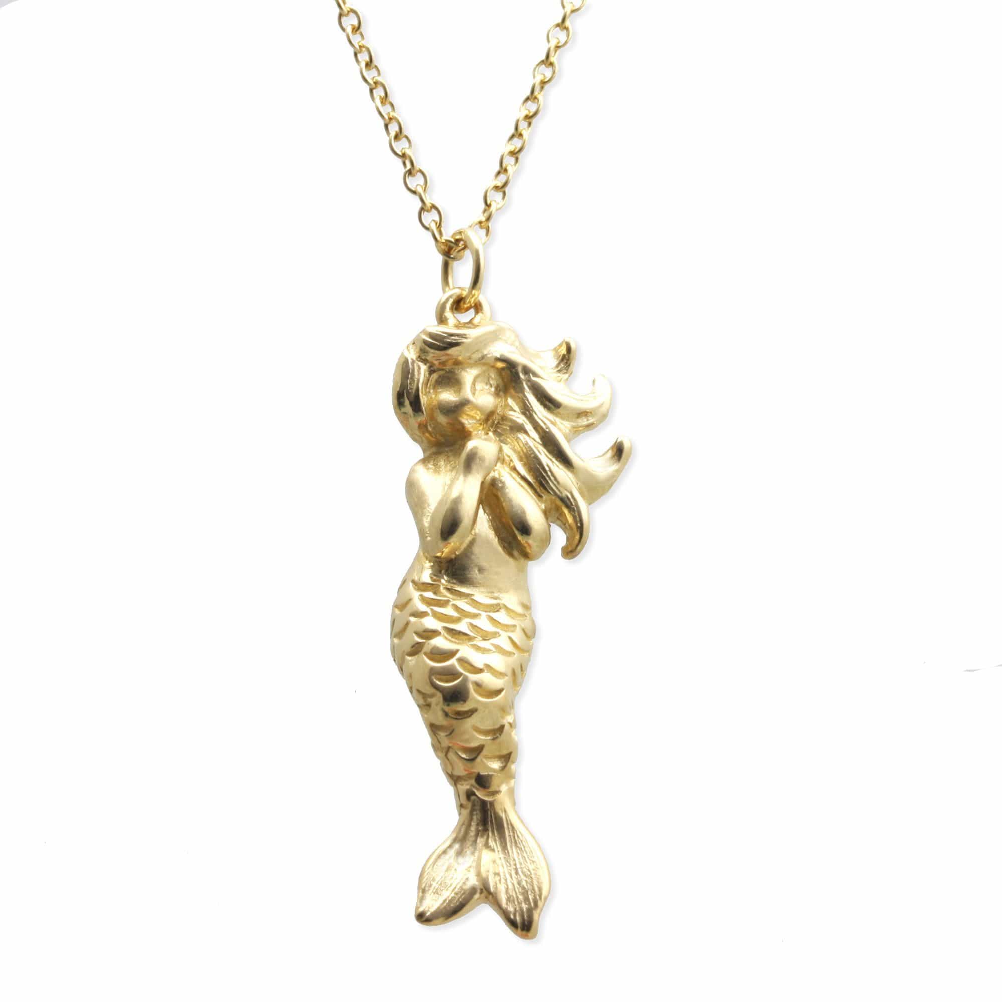 Yellow Gold Textured Fairytale Mermaid Pendant Necklace