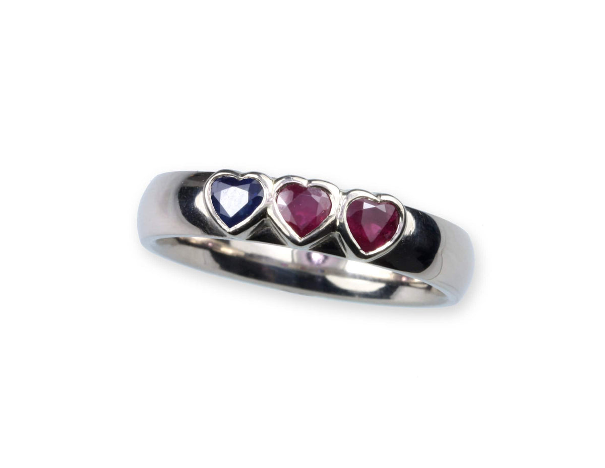 Platinum Wedding Band Set with Heart Shaped Sapphire and Rubies - Jana Reinhardt Ltd
