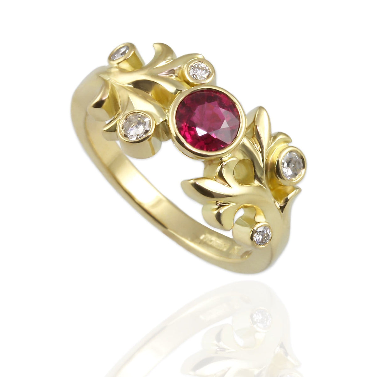 Ruby, Diamonds Leaf design, 18ct Yellow Gold Ring - Jana Reinhardt Ltd